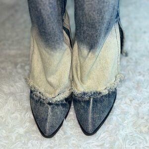 Denim Knee-High Boots | Distressed Two-Tone Jean Boots | Size 8